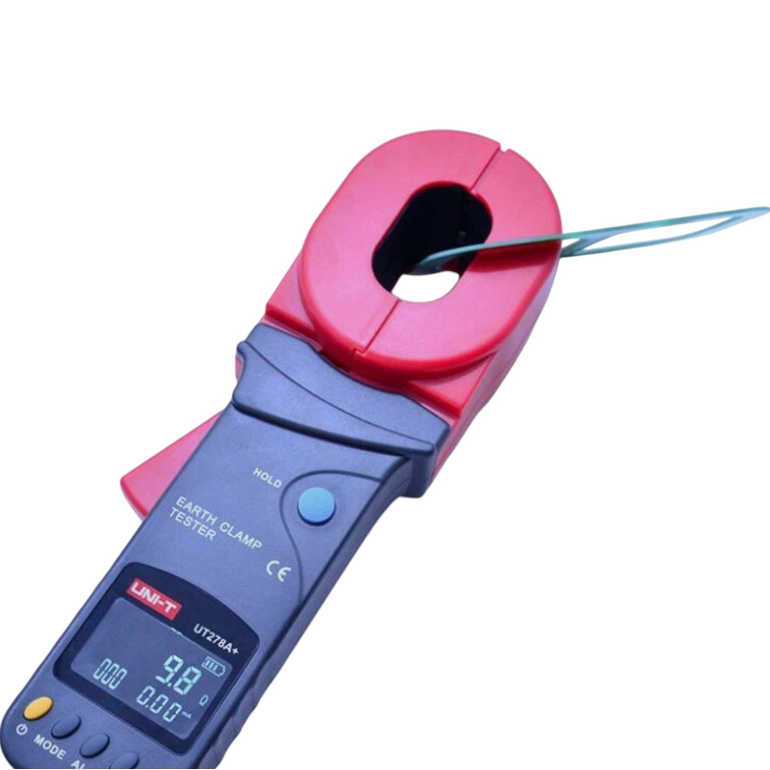 Digital clamp meter with a red jaw holding a wire on a white background UNI-T Digital Clamp Type Insulation Tester 40A 600V UT278A+ Digital Resistance Tester Electx Electrical SUpply