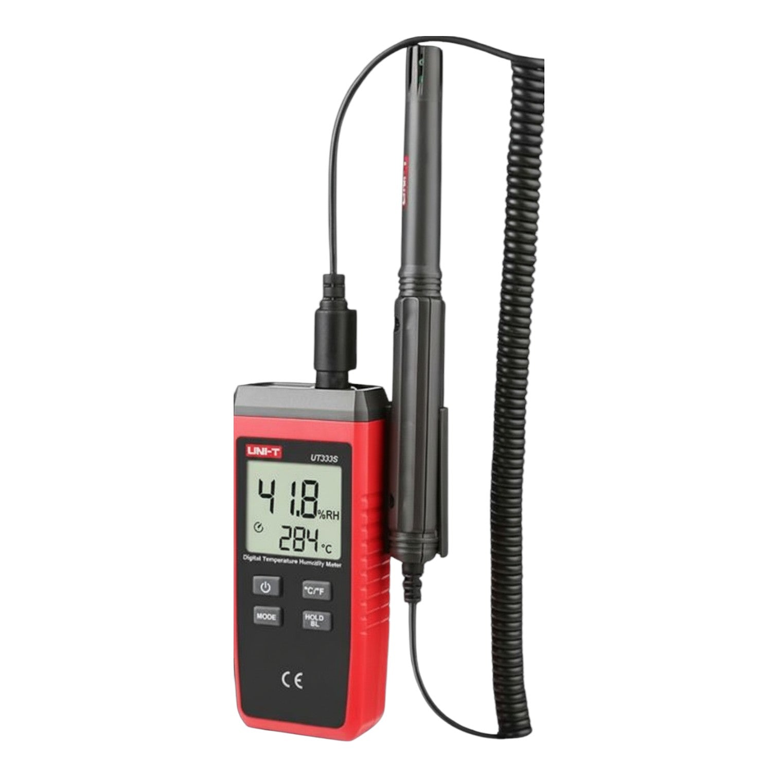 Digital thermometer with a black probe on a white background UNI-T Digital Humidity Tester UT333S Range Capacity -10 to 60 Degrees Celsius Max RH 0 to 100% Electx Electrical Supply