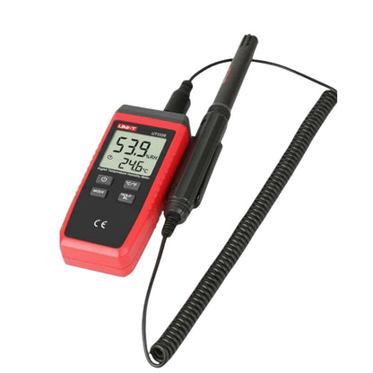 Digital thermometer with a black coiled probe on a white background UNI-T Digital Humidity Tester UT333S Range Capacity -10 to 60 Degrees Celsius Max RH 0 to 100% Electx Electrical Supply