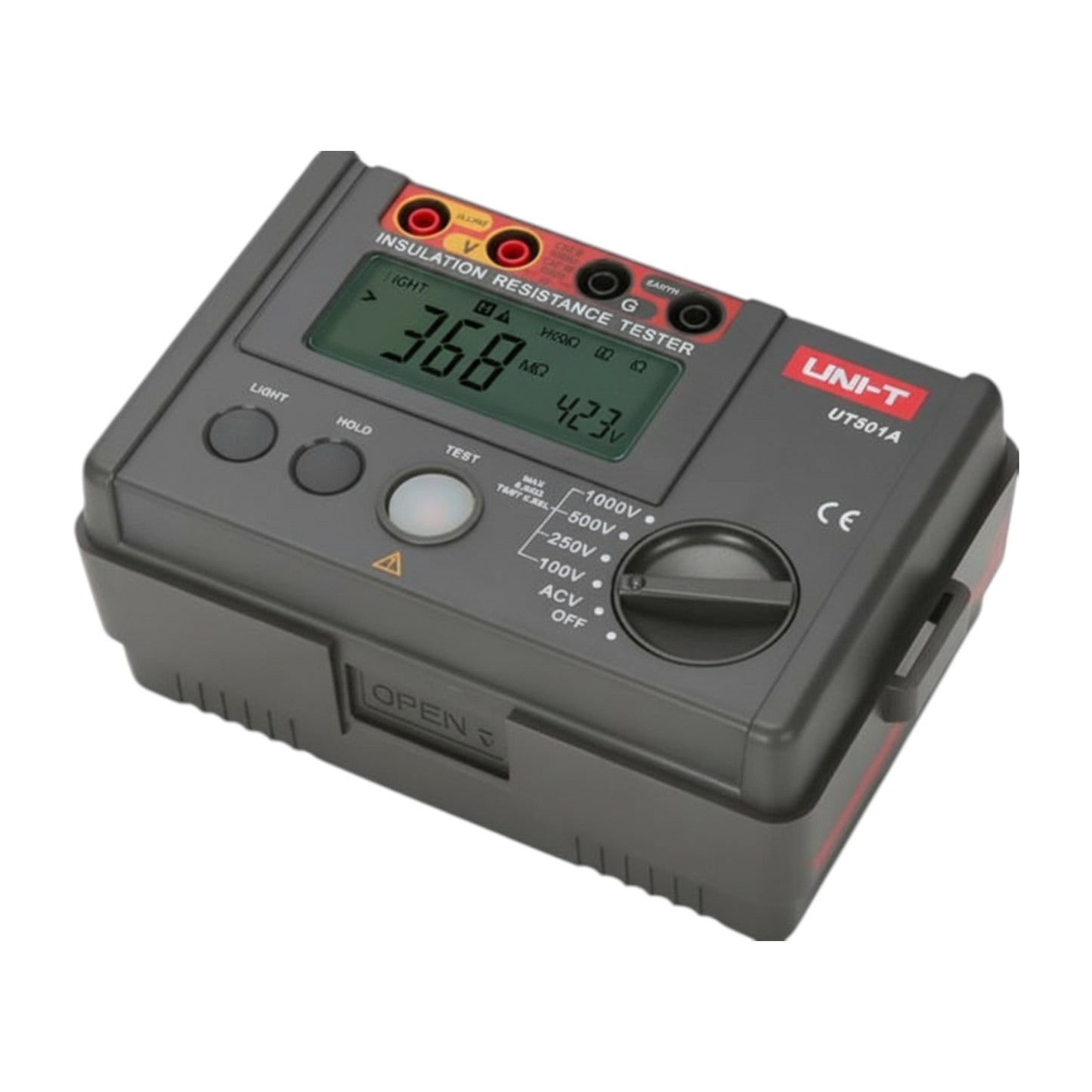 Insulation resistance tester with digital display on a white background UNI-T Digital Insulation Resistance Tester UT502A Digital LCD Display 2500V Max 0-300V Electx Electrical Supply