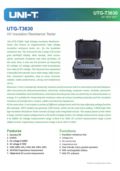 UNI-T UTG-T3630 HV insulation resistance tester with specifications and features listed. UNI-T Digital Insulation Tester Rated 15KV UTG-T3630 HV Test Set Resistance Tester Electx Electrical Supply