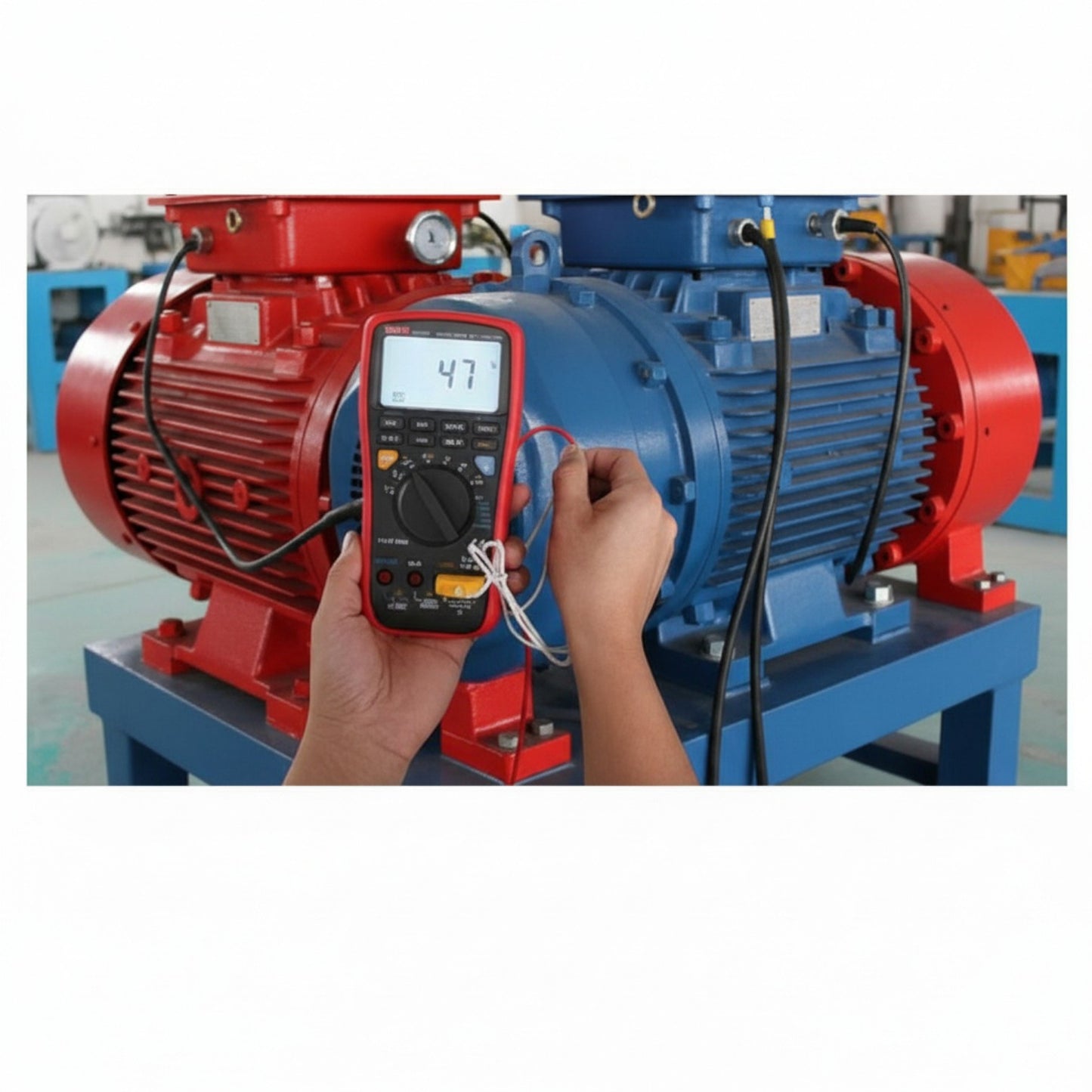 Person using a multimeter on a large red and blue industrial motor. UNI-T Digital Insulation Tester UT-533 1000V AC/DC 600mA AC/DC Current Resistance Tester Electx Electrical Supply