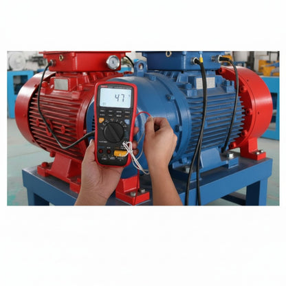 Person using a multimeter on a large red and blue industrial motor. UNI-T Digital Insulation Tester UT-533 1000V AC/DC 600mA AC/DC Current Resistance Tester Electx Electrical Supply