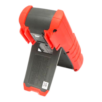 A handheld electronic device with a bright red-orange protective casing and a dark gray interior, shown on a plain white background.