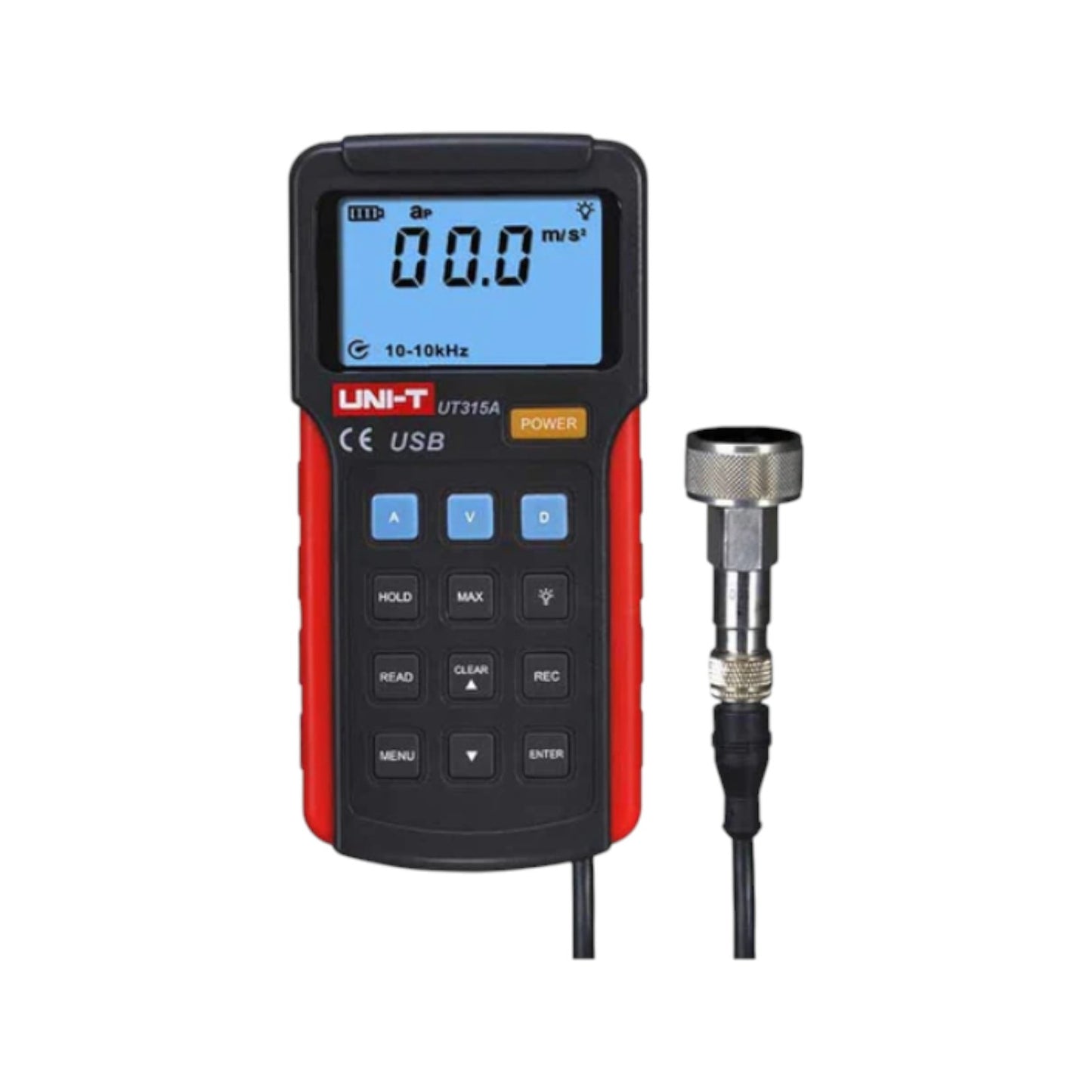Digital measuring instrument with a USB connector on a white background UNI-T Digital Vibration Tester with USB UT-315A Velocity 0.01 to 19.99cm/s Acceleration 0.1 to 199.9 m/s Electx Electrical SUpply