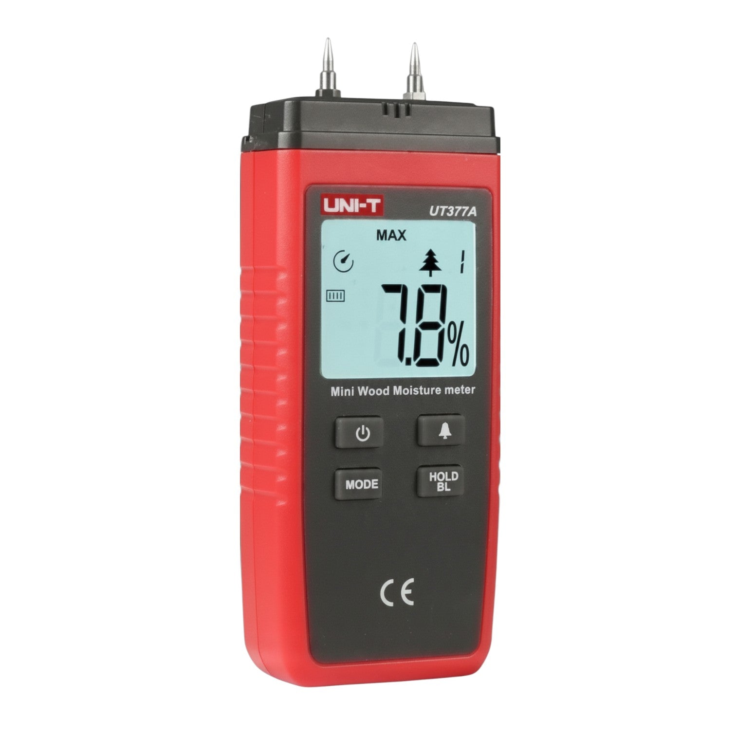 Red and black UNI-T moisture meter on a white background UNI-T Mini Digital Wood Moisture Tester UT377A with LCD Display Applicable for 4 Types of Wood Batteries not Included 3pcs AAA Electx Electrical SUpply