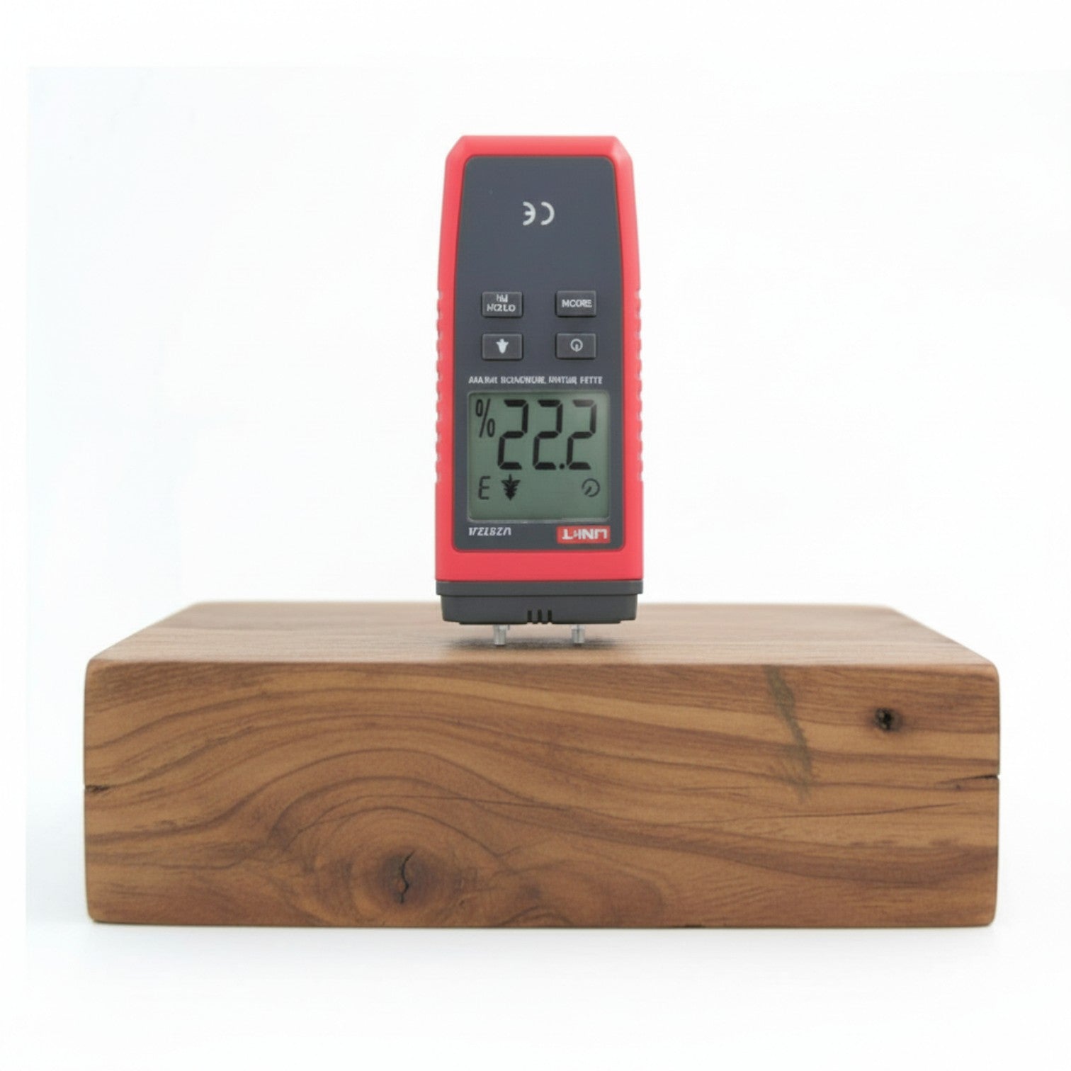 Digital moisture meter on a wooden block with a white background UNI-T Mini Digital Wood Moisture Tester UT377A with LCD Display Applicable for 4 Types of Wood Batteries not Included 3pcs AAA Electx Electrical SUpply