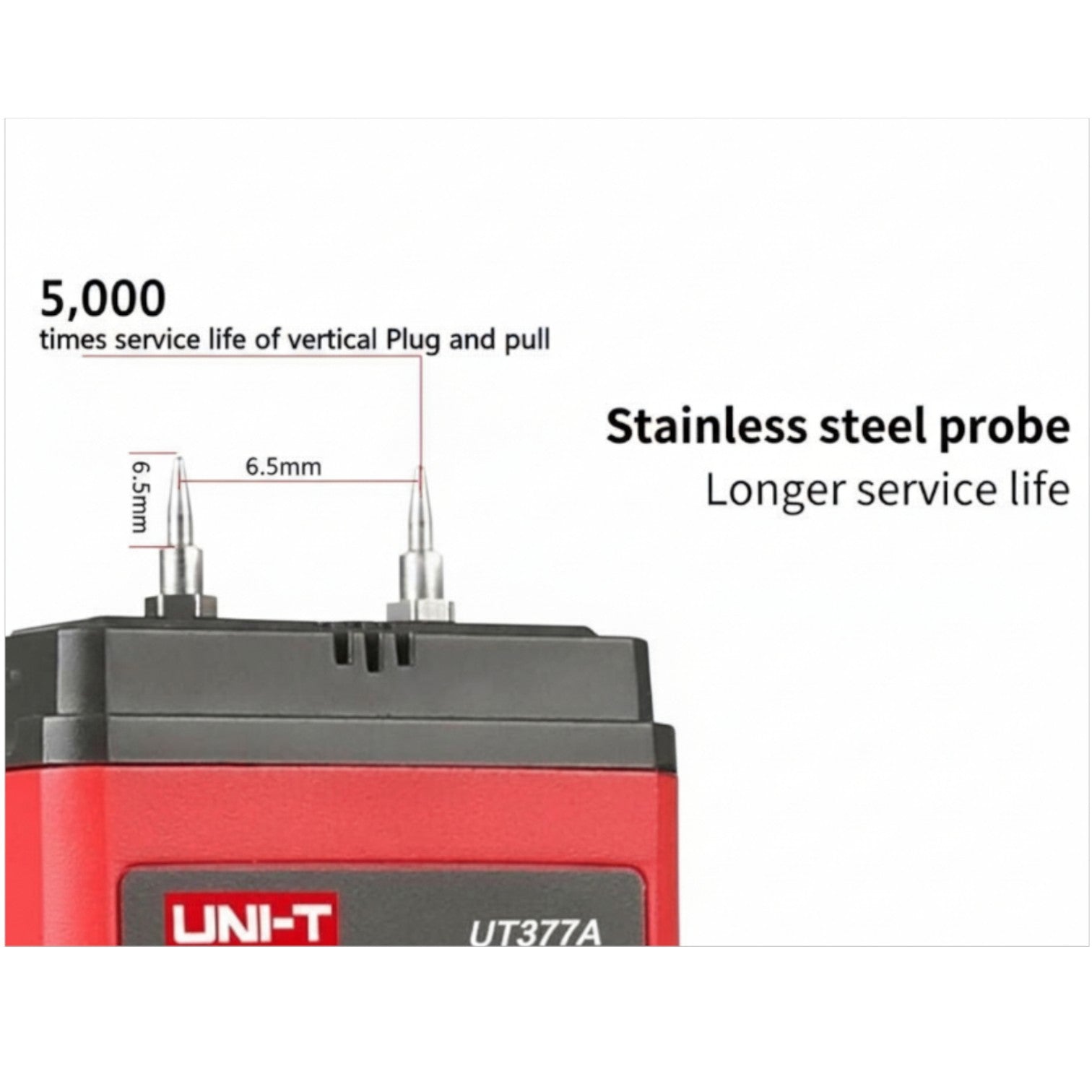 Red and black device with stainless steel probe and UNI-T branding on a white background UNI-T Mini Digital Wood Moisture Tester UT377A with LCD Display Applicable for 4 Types of Wood Batteries not Included 3pcs AAA Electx Electrical SUpply