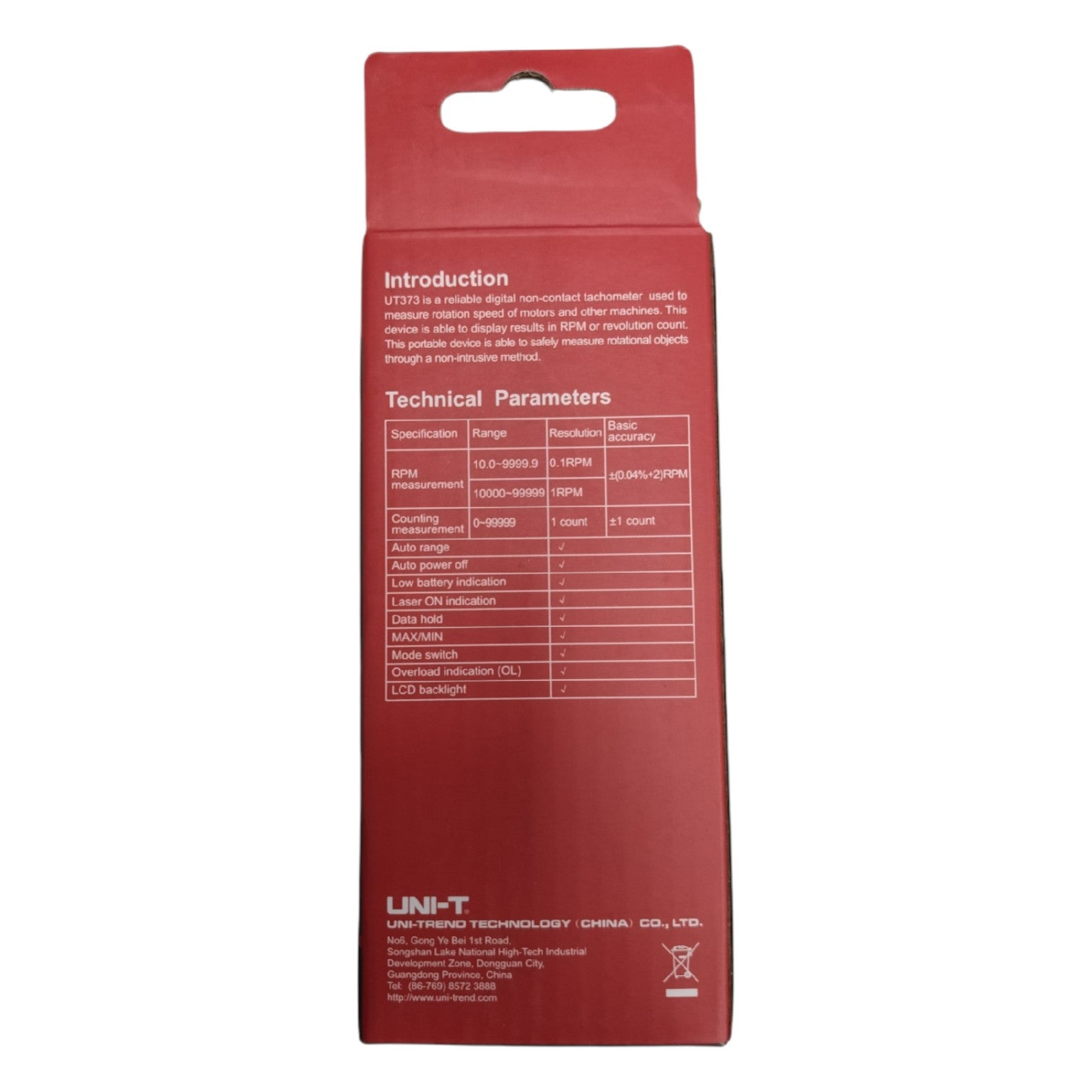 Red measurement device packaging with technical specifications on a white background UNI-T Mini Non Contact Tachometer UT373 Digital LCD Display RPM Count Max 99999RPM Electx Electrical Supply