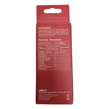 Red measurement device packaging with technical specifications on a white background UNI-T Mini Non Contact Tachometer UT373 Digital LCD Display RPM Count Max 99999RPM Electx Electrical Supply