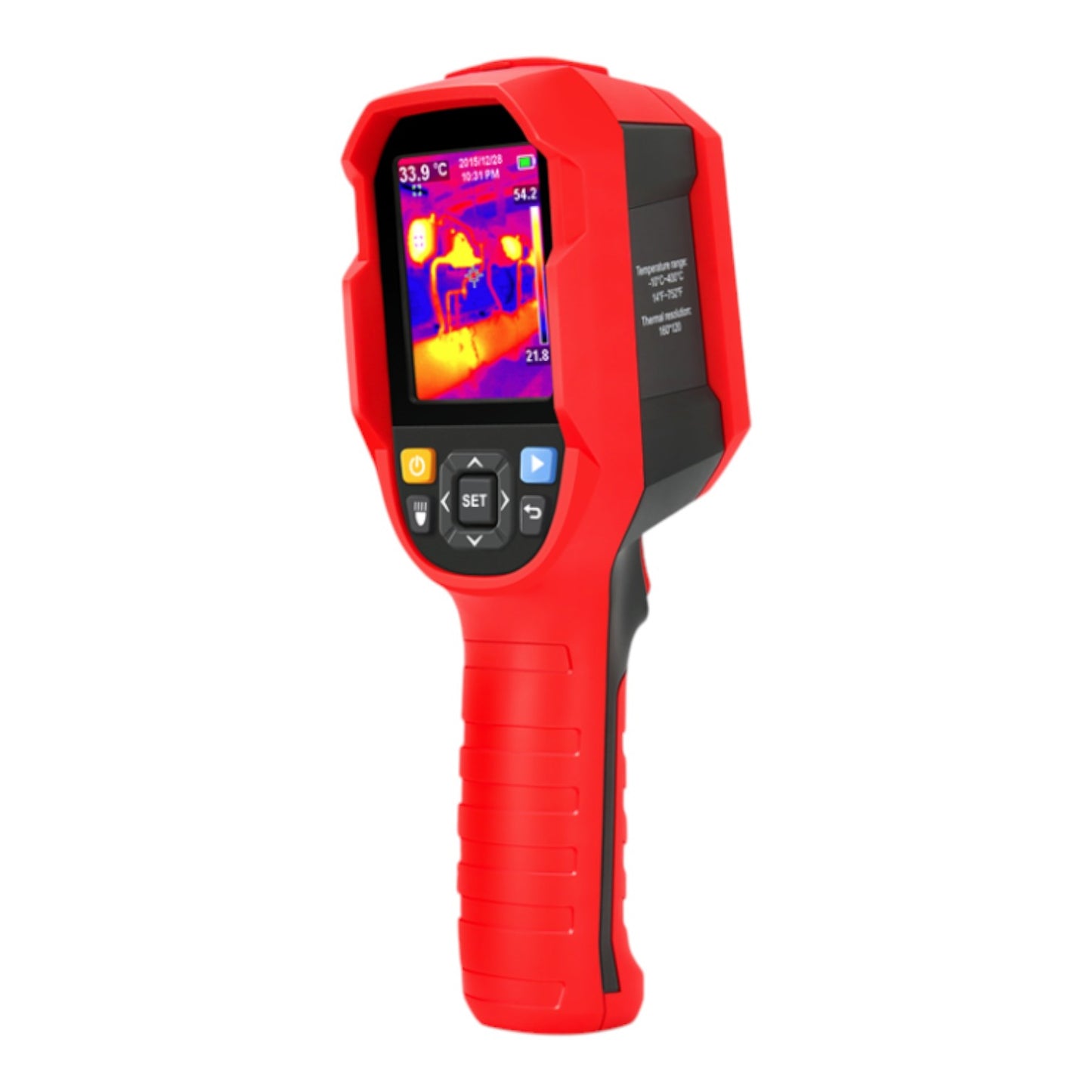 A handheld thermal infrared thermometer with a bright red body, black side accents, and a color display screen showing a thermal heat map.
