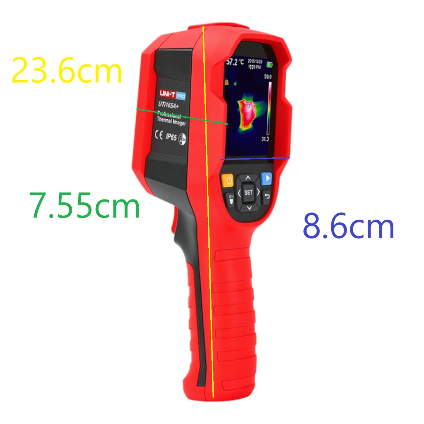 Red and black handheld thermal infrared thermometer with a color temperature display screen, shown with yellow, green, and blue dimension lines and text indicating measurements of 23.6cm, 7.