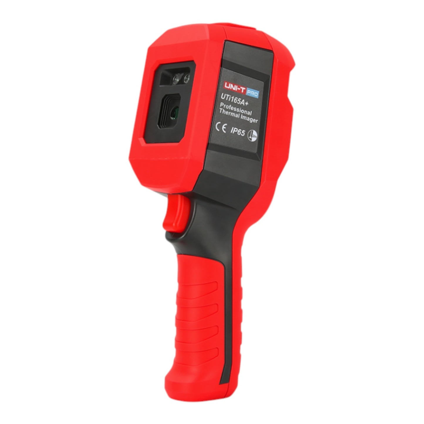 A handheld red and black thermal infrared thermometer on a plain white background.