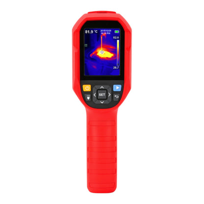 A handheld thermal infrared thermometer with a bright red plastic body and a color thermography display screen showing a heat map, isolated on a white background.