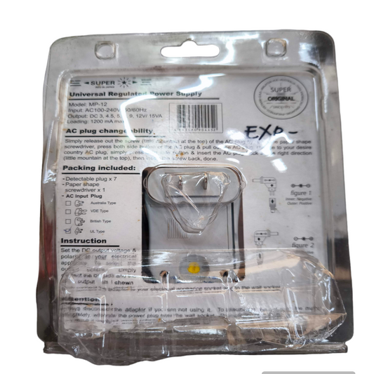 Super Universal Adaptor 1200mA Output 3V in clear plastic packaging with product details