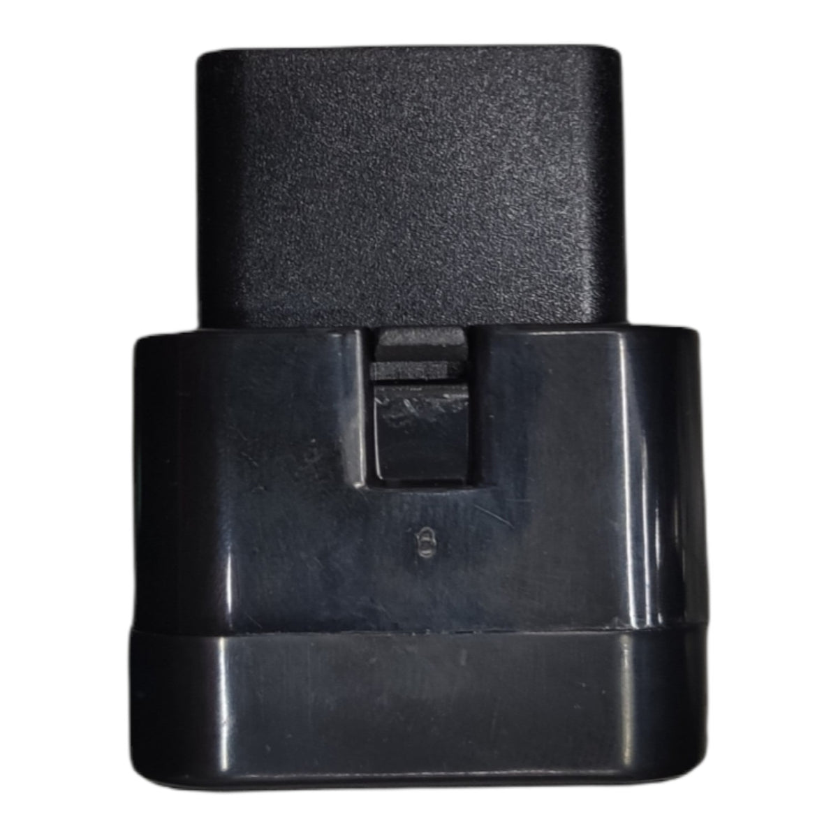 A black plastic automotive diagnostic connector plug, commonly used for OBD2 scanners, shown against a plain white background.