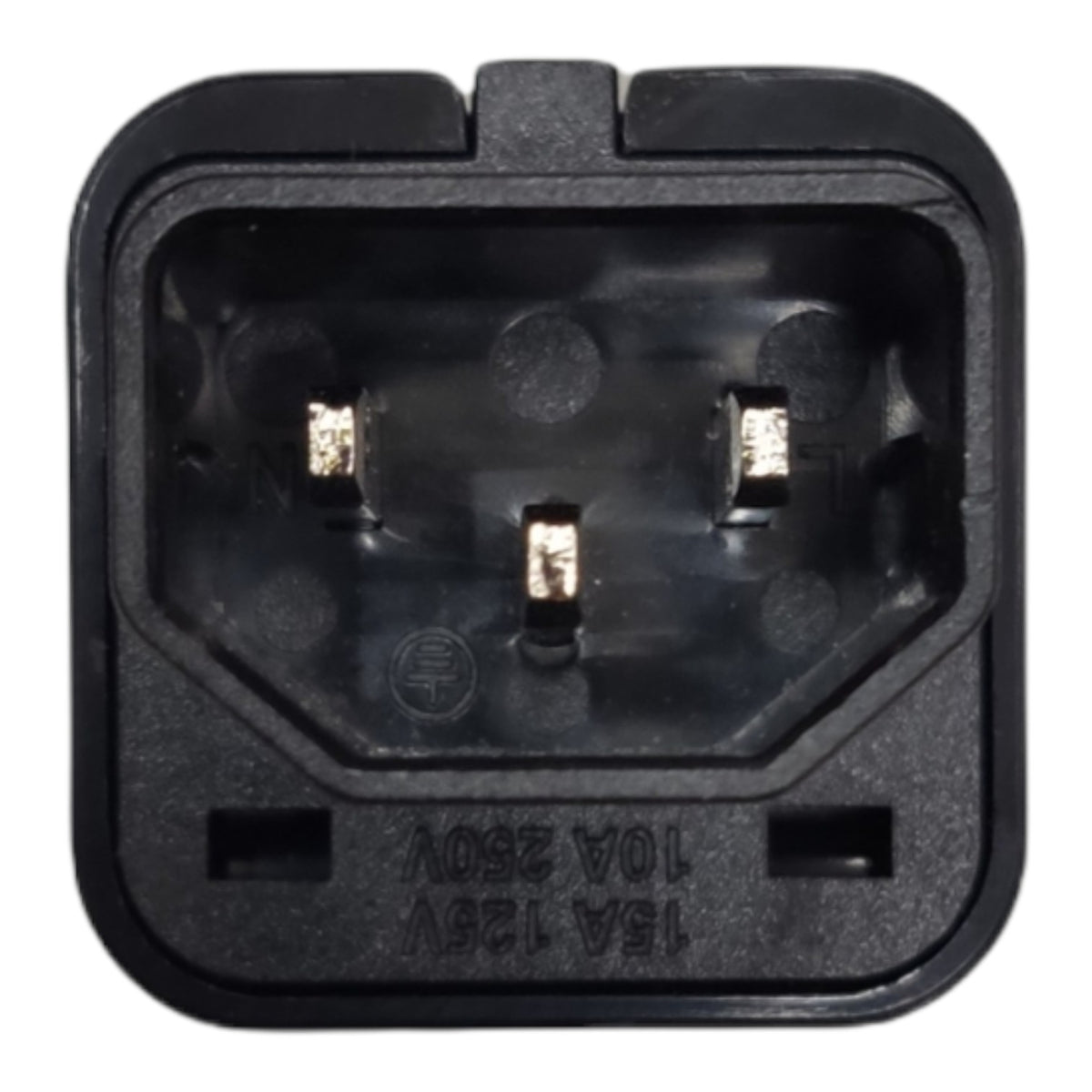 A close-up of a black plastic electrical plug socket with three metal pins visible inside, shown on a plain white background.