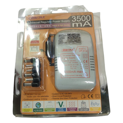 Universal regulate power supply with accessories in packaging on a white background