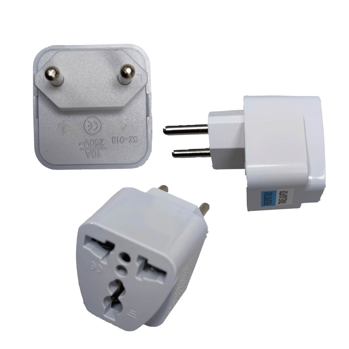 A white universal travel plug adapter shown from three angles: front, back, and side profile, on a plain white background.