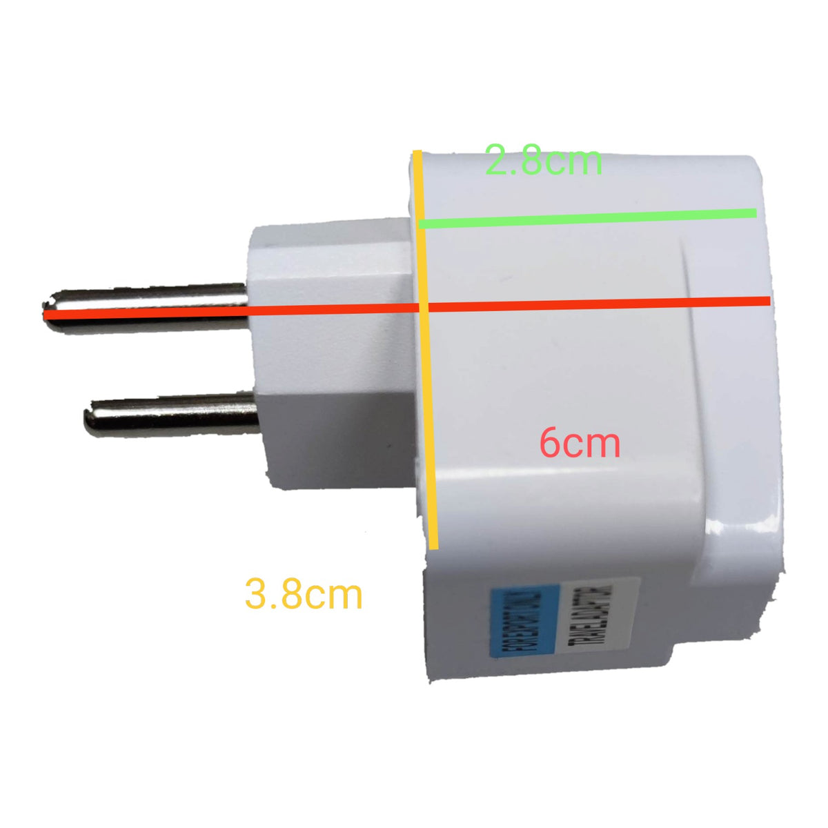 White European plug adapter with overlaid dimension lines and text showing 6cm length, 2.8cm width, and 3.