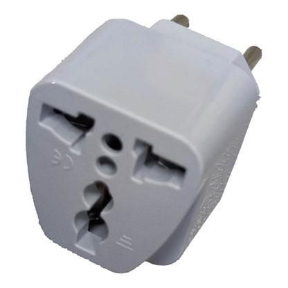 A white plastic UK three-pin wall plug adapter with two metal pins visible, shown on a plain white background.