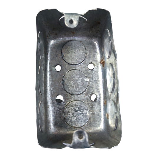Galvanized metal electrical junction box with pre-drilled holes and circular screw terminals, shown on a plain white background.