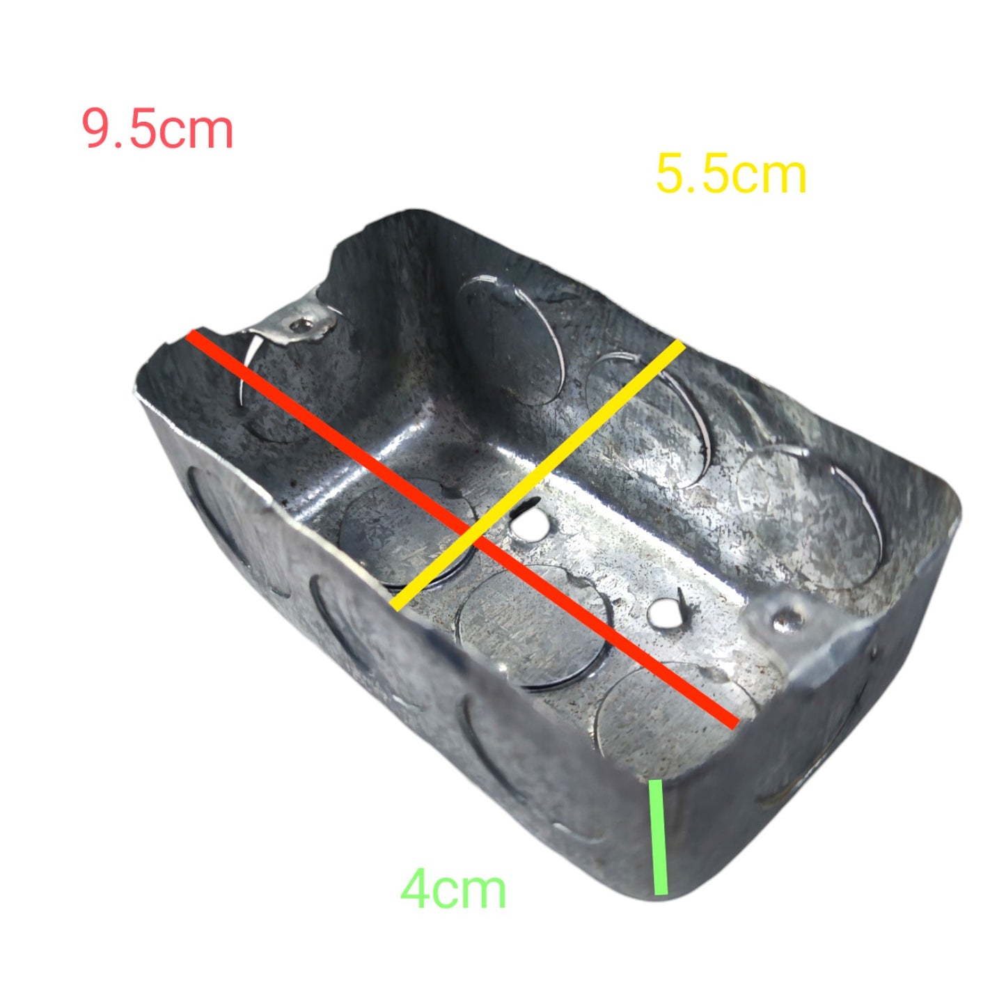 A galvanized metal electrical junction box shown on a white background with overlaid dimension labels and lines indicating 9.5cm, 5.
