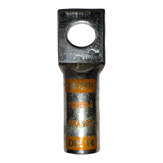 Metal electrical connector with text and numbers on a white background