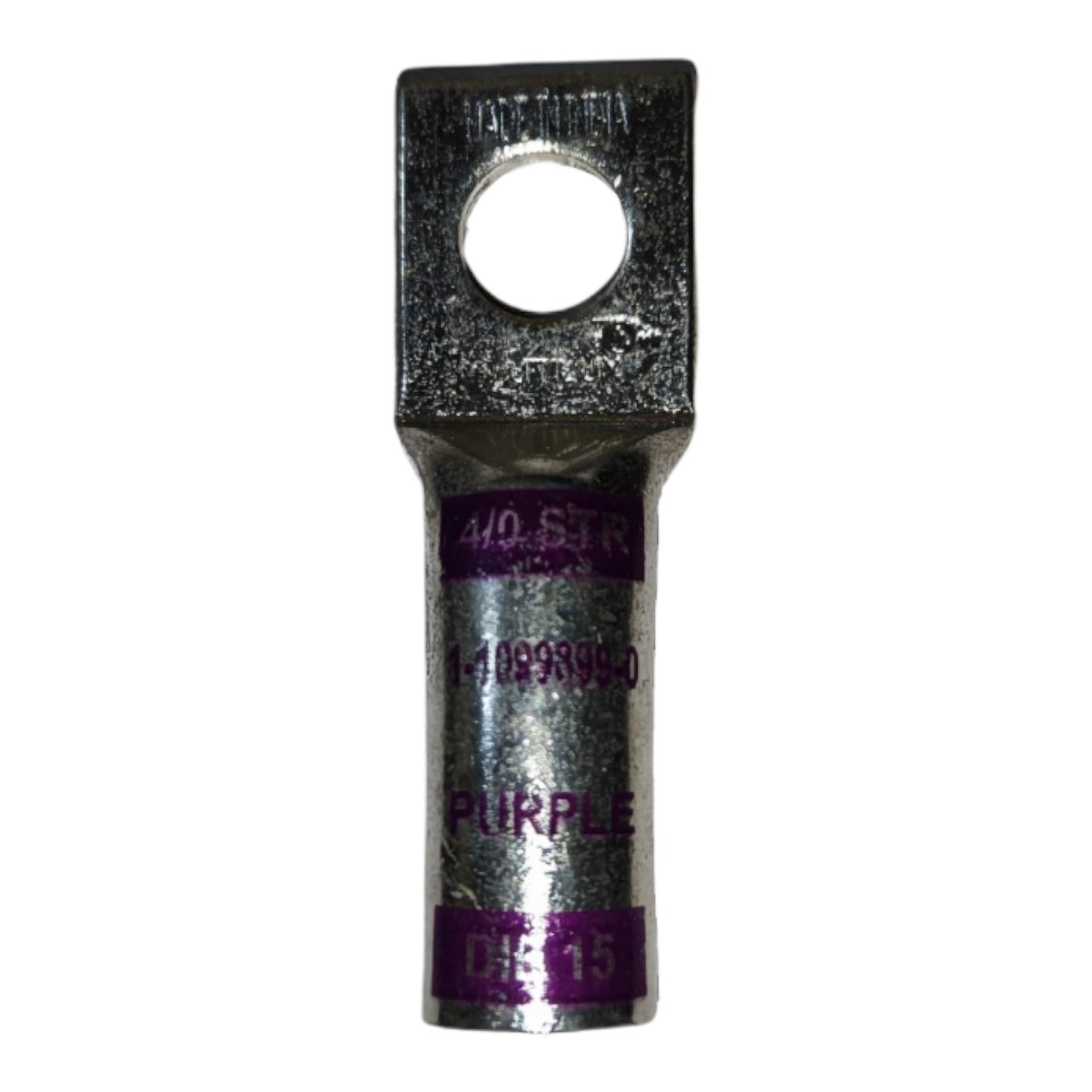 Metal electrical connector with purple markings on a white background