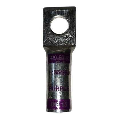 Metal electrical connector with purple markings on a white background