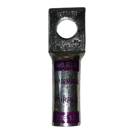 Metal electrical connector with purple markings on a white background