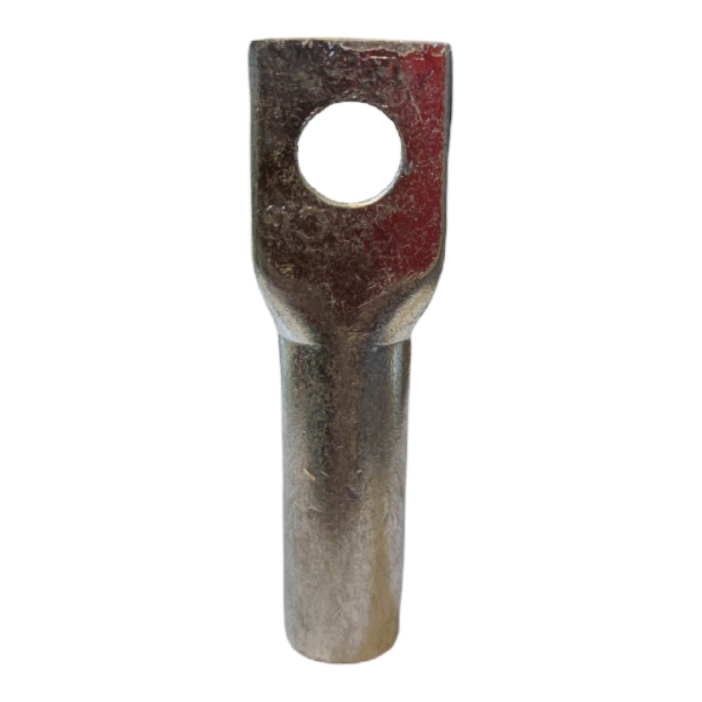 Metal terminal with a hole on a white background