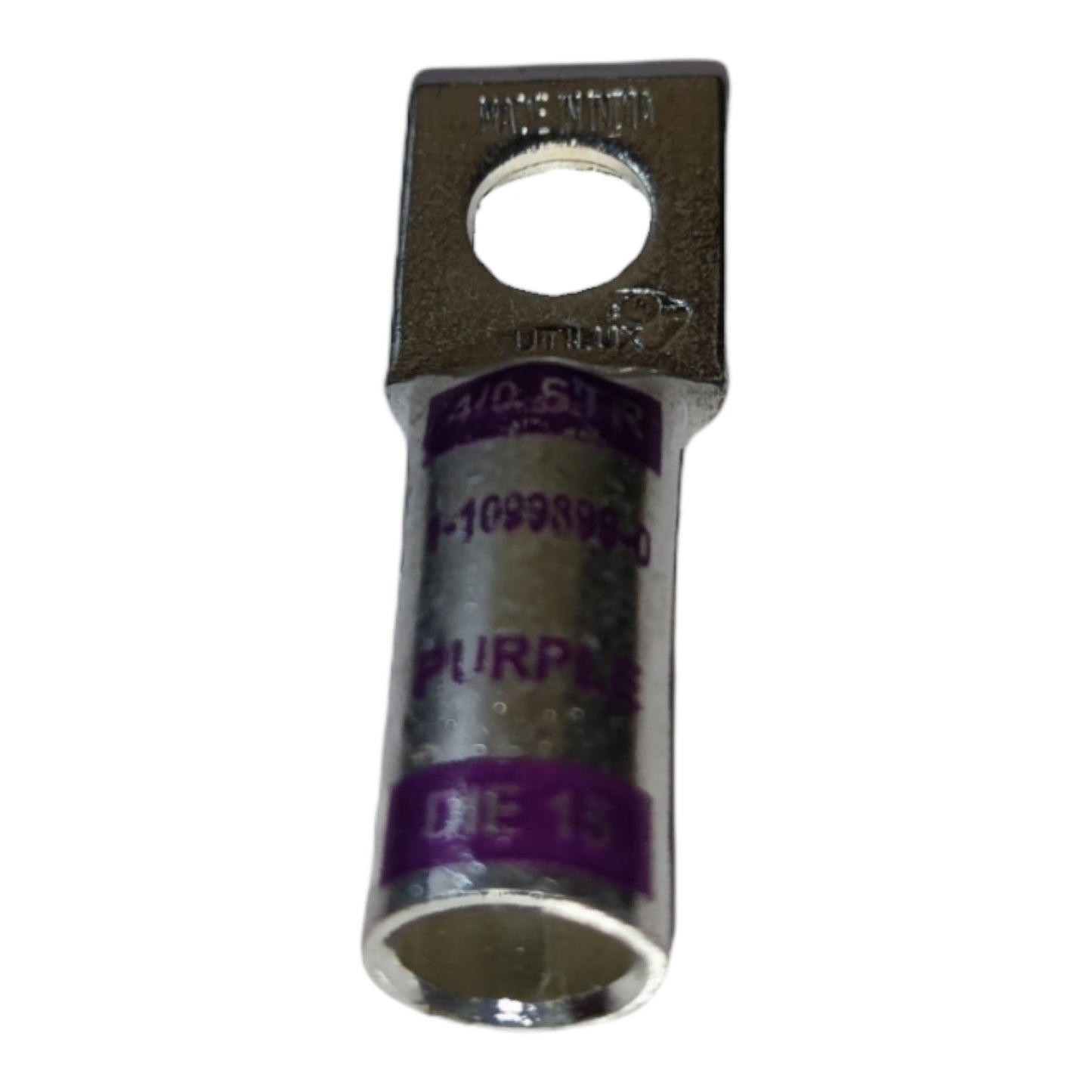 Metallic electrical connector with purple label on a white background