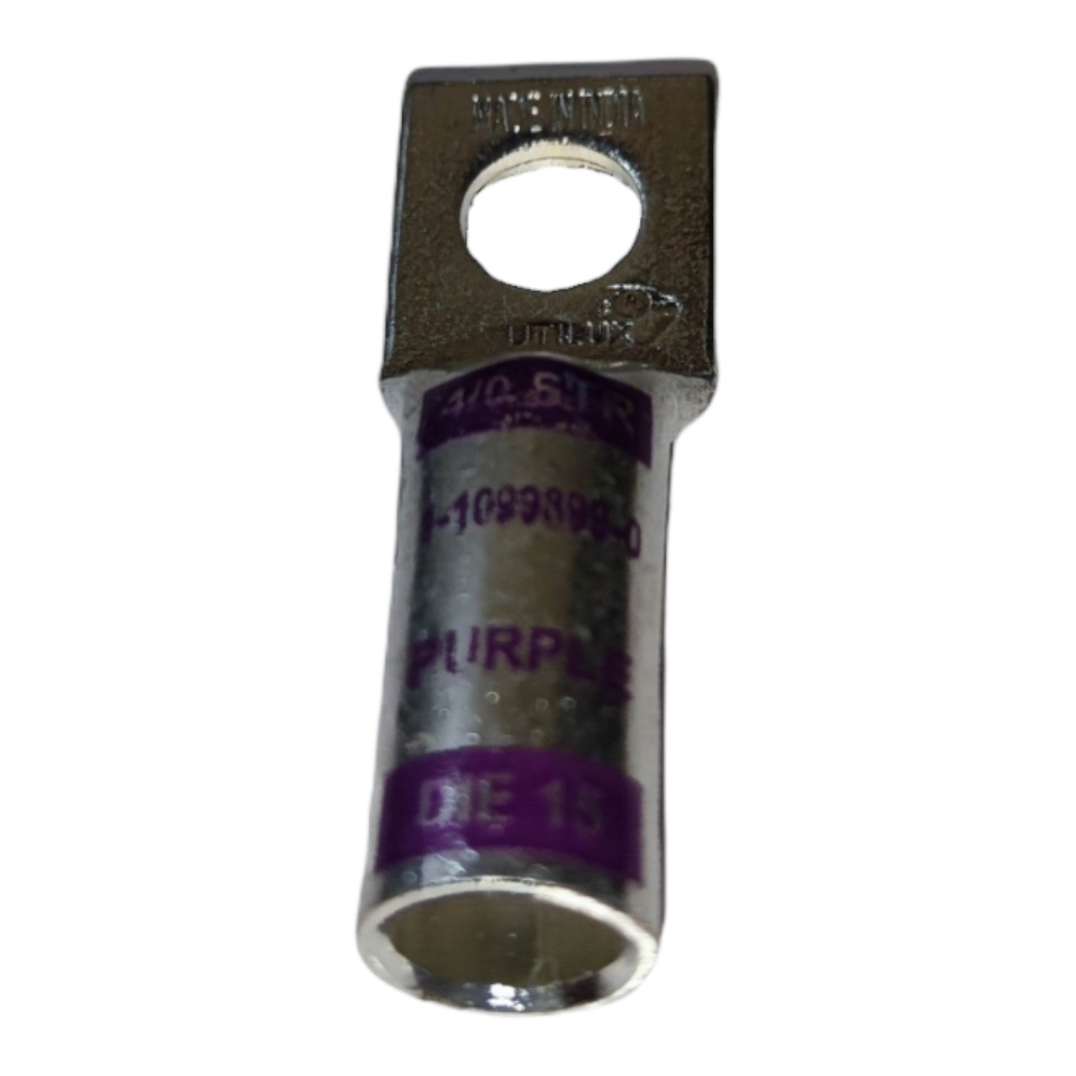 Metallic electrical connector with purple label on a white background