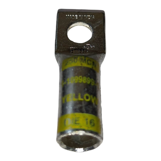 Electrical connector with yellow labels on a white background
