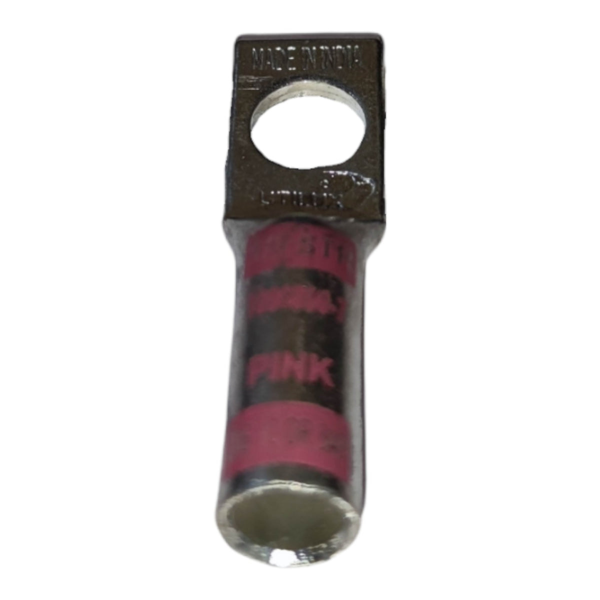 Metallic wire connector with red insulation on a white background
