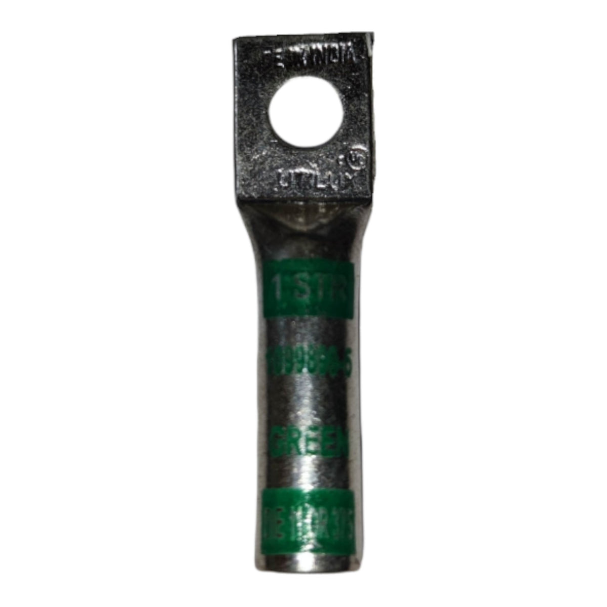 Metal terminal with green insulation on a white background