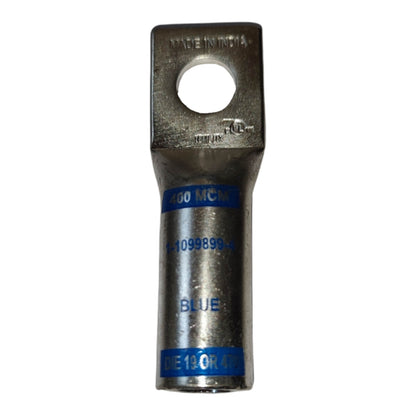 Metal electrical connector with blue markings on a white background