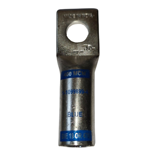 Metal electrical connector with blue markings on a white background