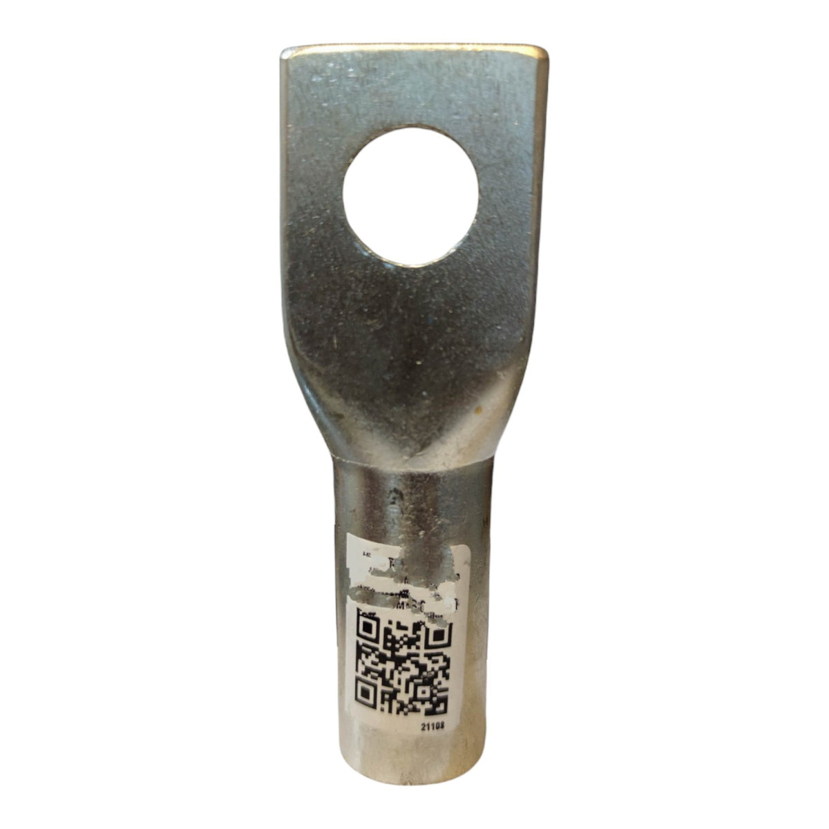 Metal terminal with a hole and QR code on a white background