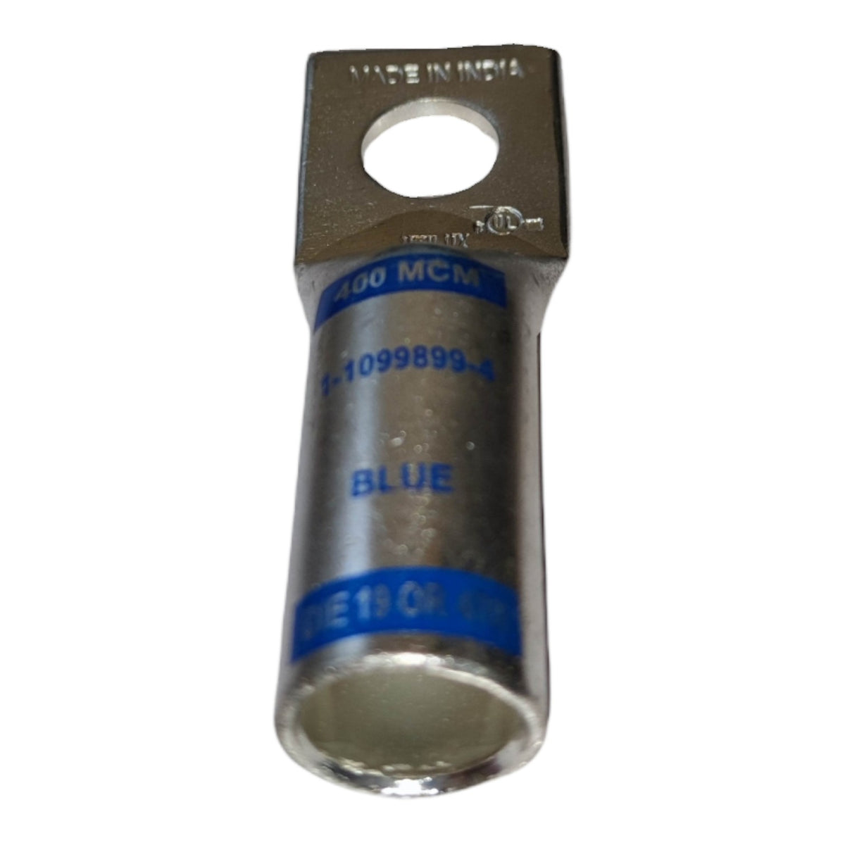 Metal electrical connector with blue markings on a white background