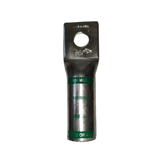 Metal terminal with green markings on a white background