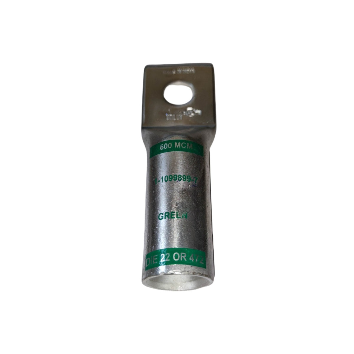 Metal electrical connector with green labels on a white background