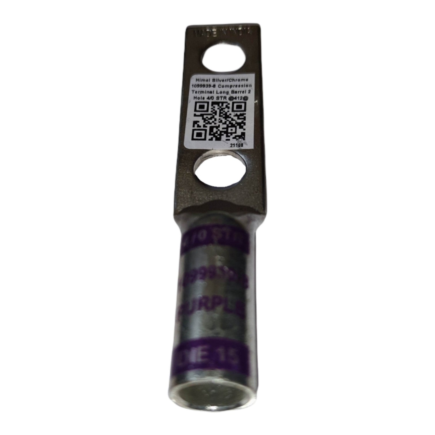 Metallic terminal with purple label and QR code on a white background