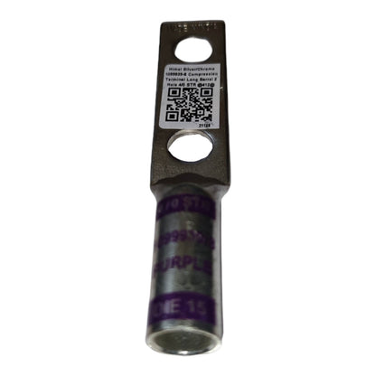 Metallic terminal with purple label and QR code on a white background