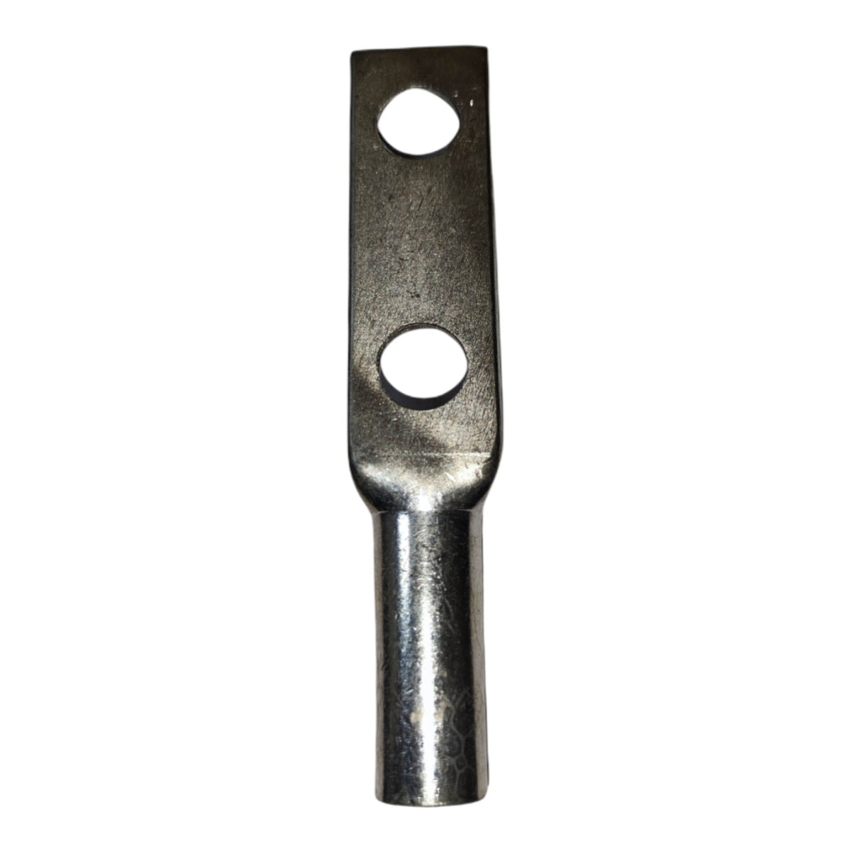 Metal terminal with two holes on a white background