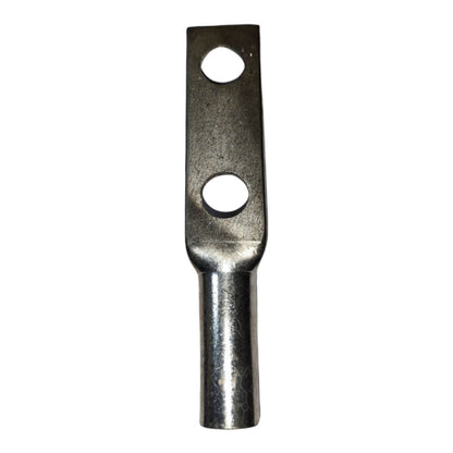 Metal terminal with two holes on a white background