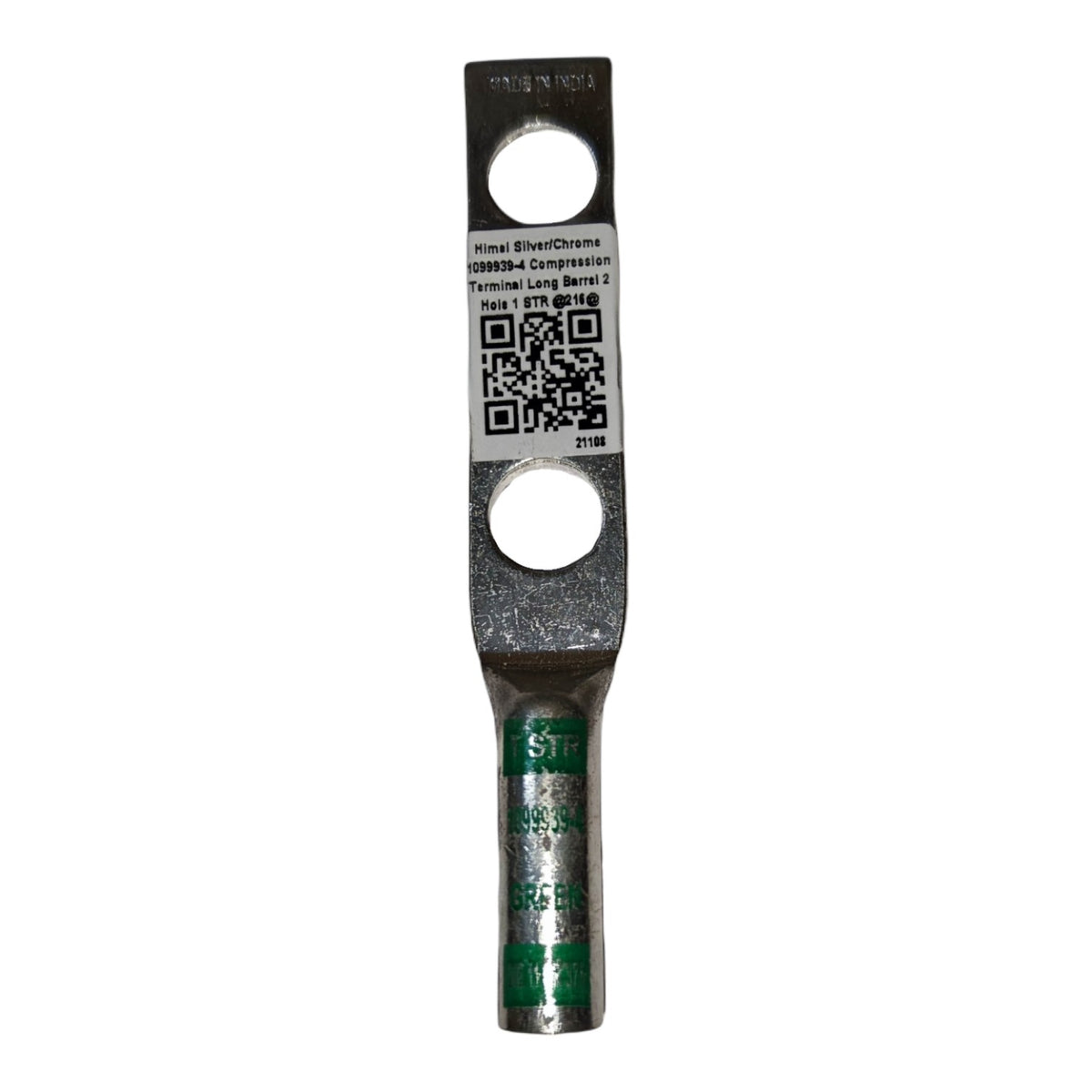 Metal terminal bar with a label on a white background