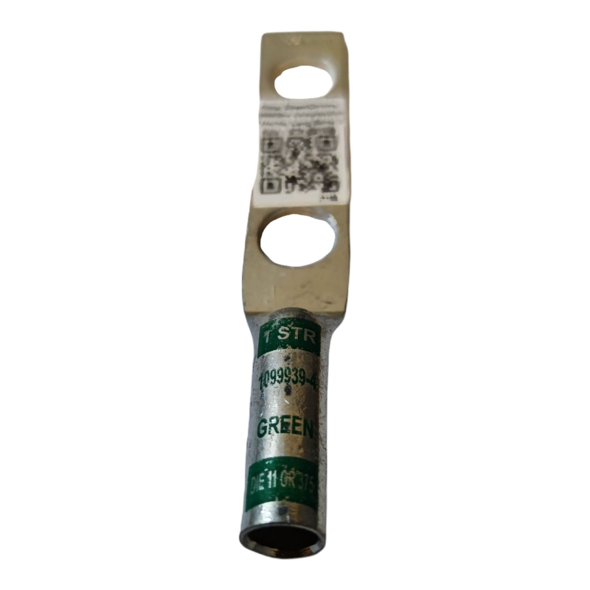 Electrical terminal with green label and QR code on a white background
