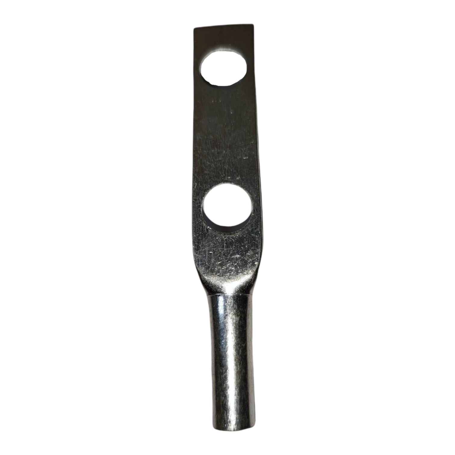 Metal terminal with two holes on a white background